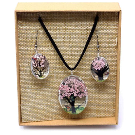 Conjunto Brincos e Colar Flores Prensadas - Árvore da Vida - Rosa