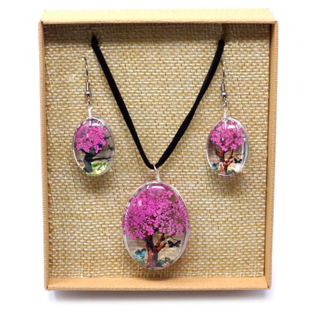 Conjunto Brincos e Colar Flores Prensadas - Árvore da Vida - Rosa brilhante