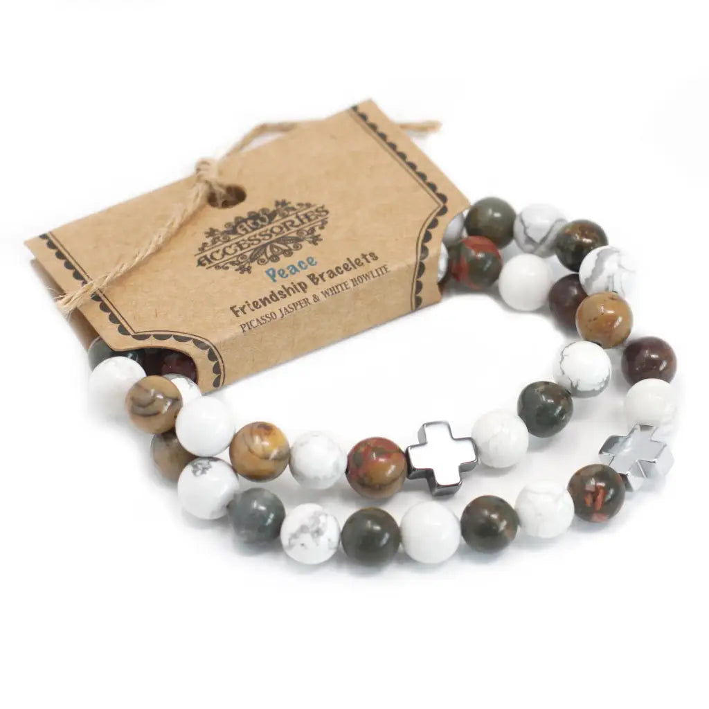 Conjunto de 2 pulseiras- Peça - Jaspe Picasso e Howlite branco