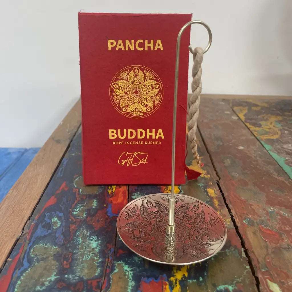 Conjunto de Incenso de Corda e Suporte Banhado a Prata - Pancha Buddha