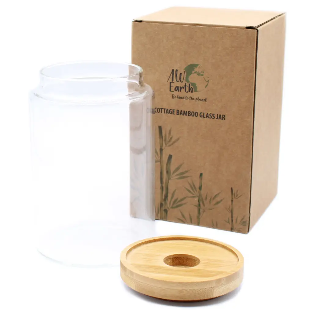 Frasco de cristal com tampa de bambu - 10cm - unidade 9x10