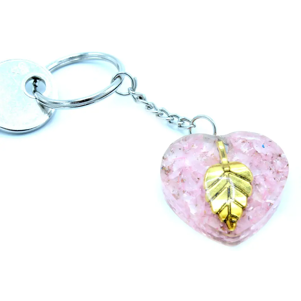 Orgonite Power Keyring - Rose Quartz Heearts Golden Leaf