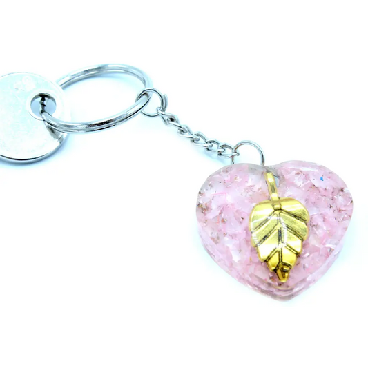 Orgonite Power Keyring - Rose Quartz Heearts Golden Leaf